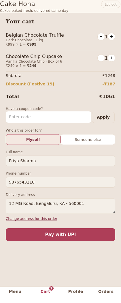 Cake Hona checkout experience
