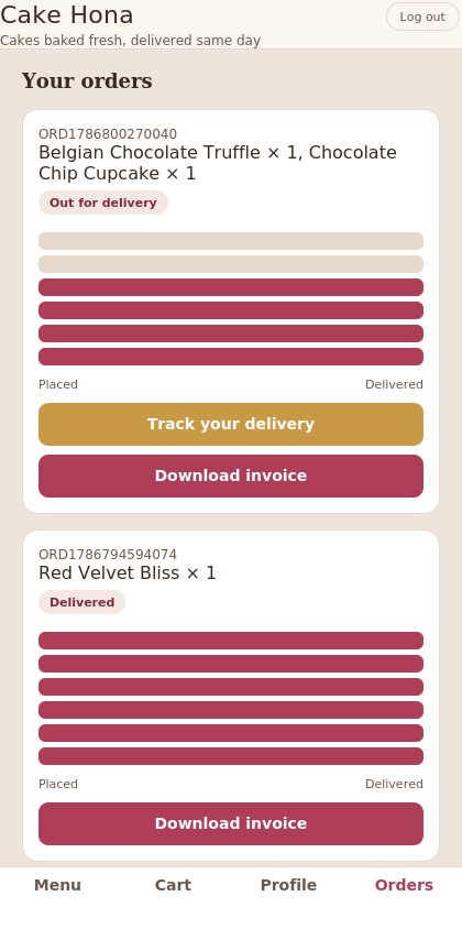 Cake Hona live order tracking