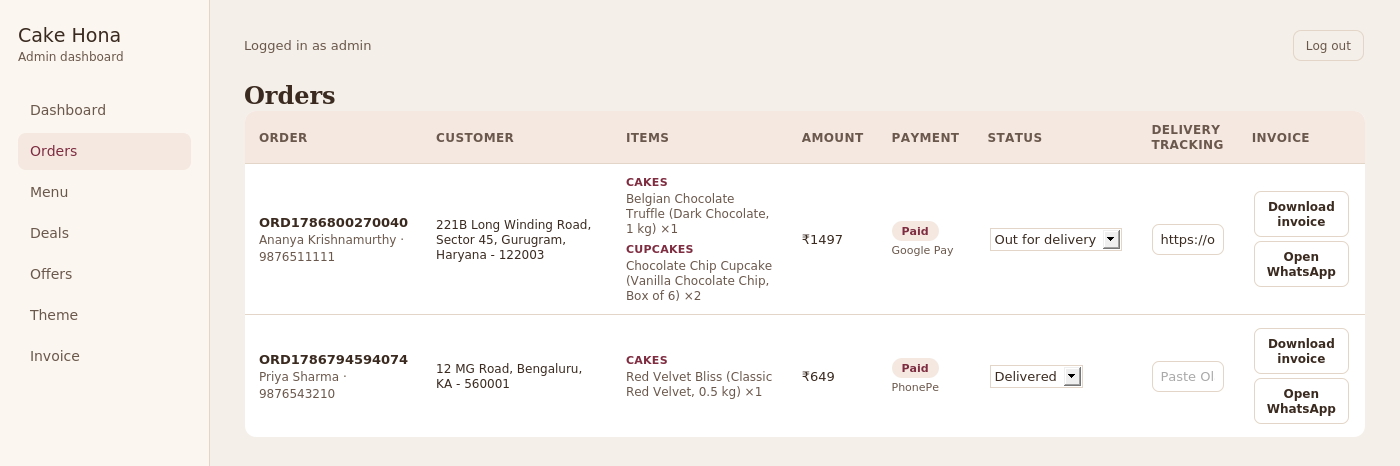 Cake Hona orders organized for kitchen preparation