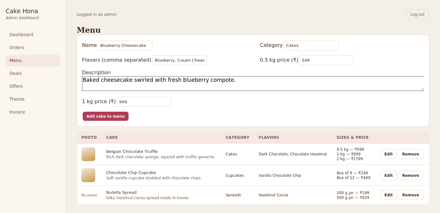 Cake Hona menu and product management