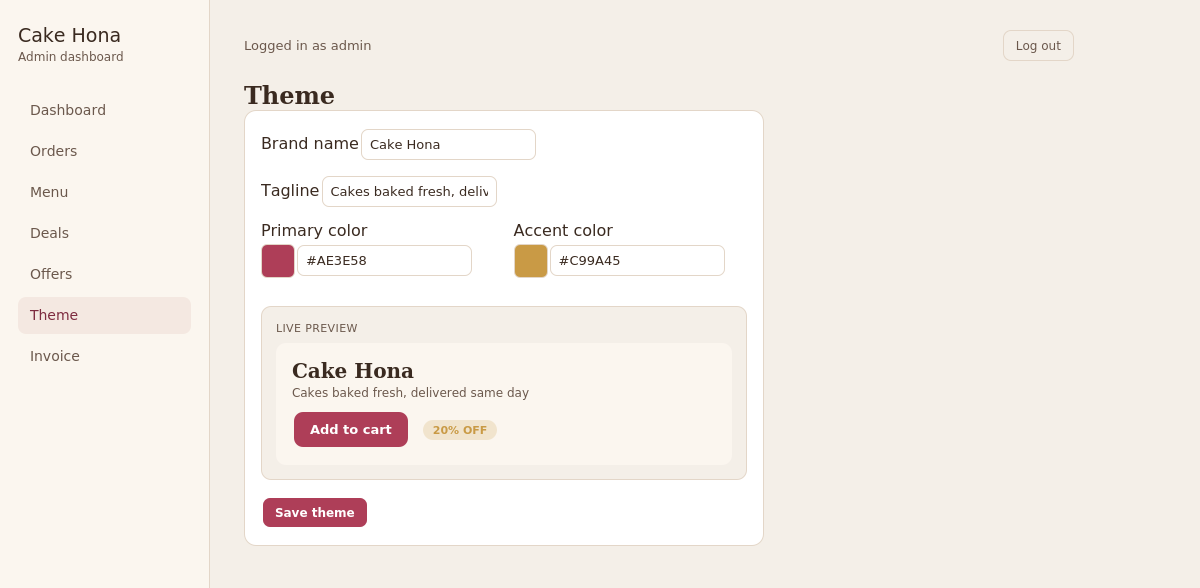Cake Hona live brand customization controls