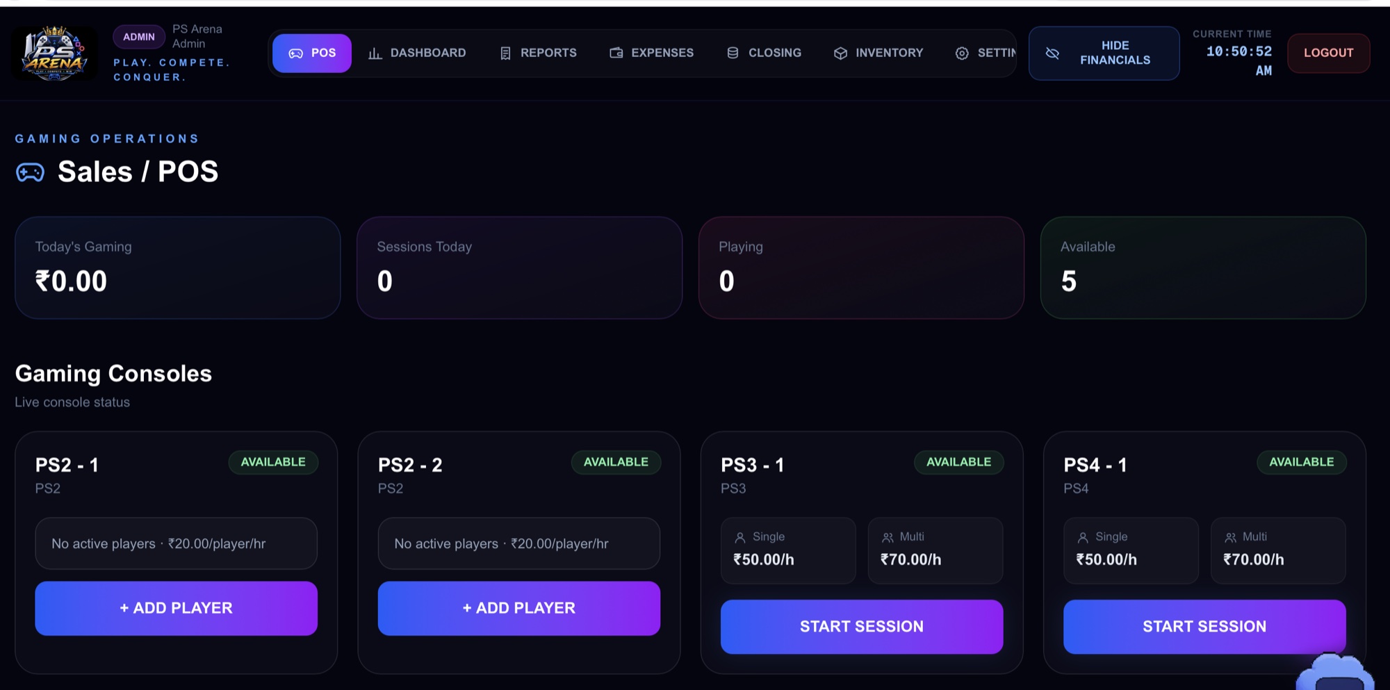 PS Arena live gaming console control dashboard